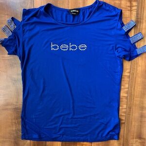Bebe Blue Rhinestone Logo T-shirt Size L cutout sleeves Bling Soft stretchy Cute